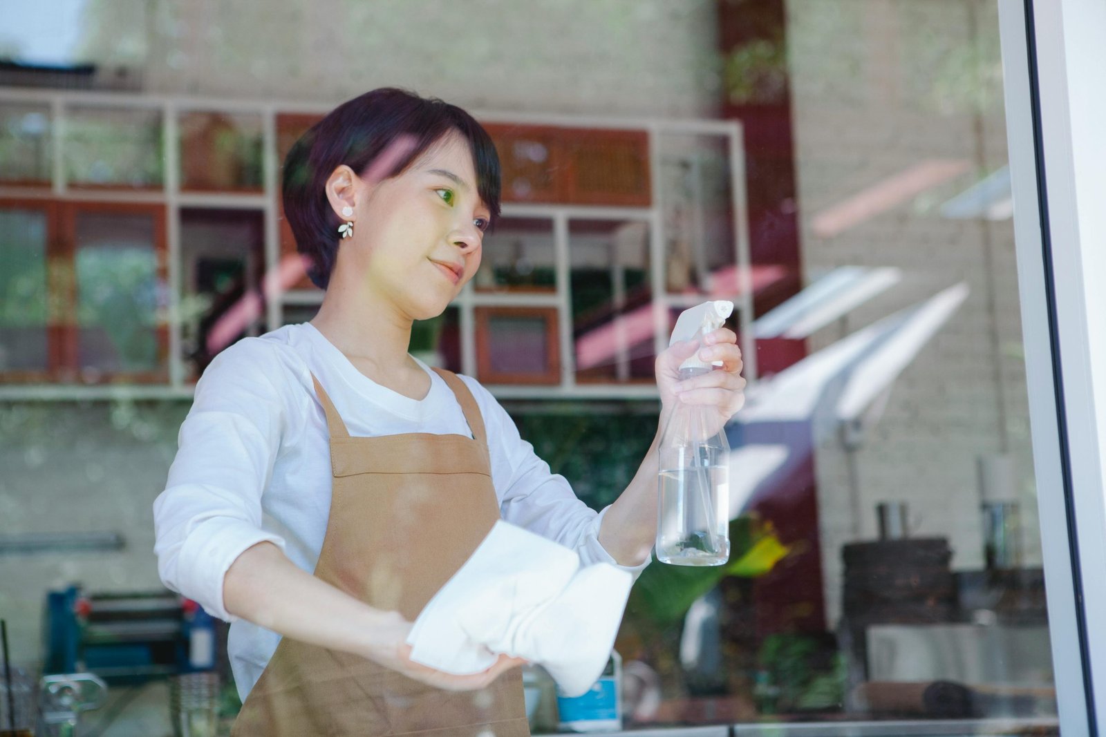 Professional cleaner mopping floors and sanitizing surfaces in a retail store